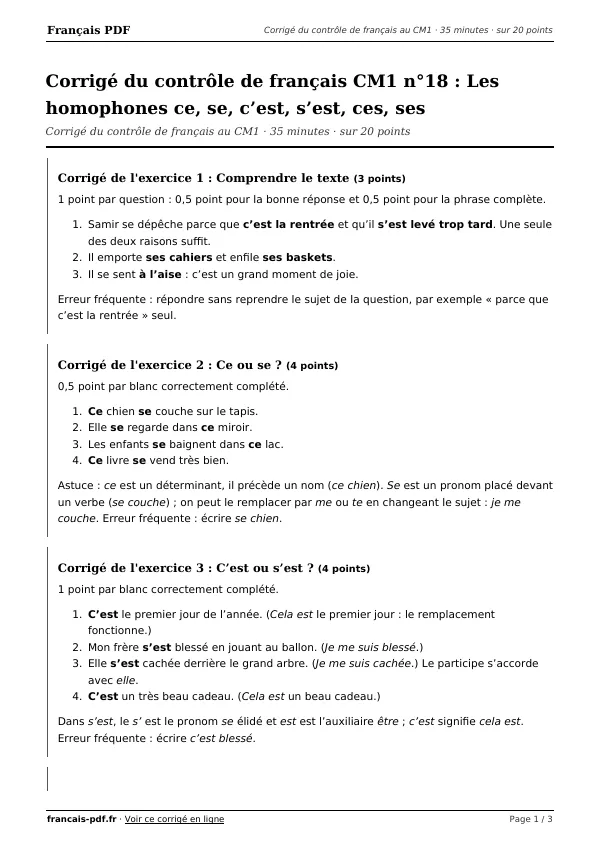 Corrigé du contrôle de français CM1 n°18 en PDF