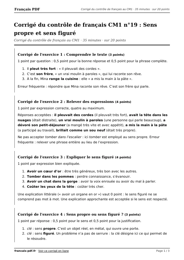 Corrigé du contrôle de français CM1 n°19 en PDF