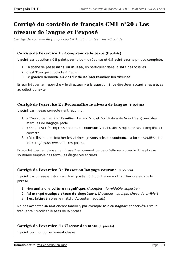 Corrigé du contrôle de français CM1 n°20 en PDF