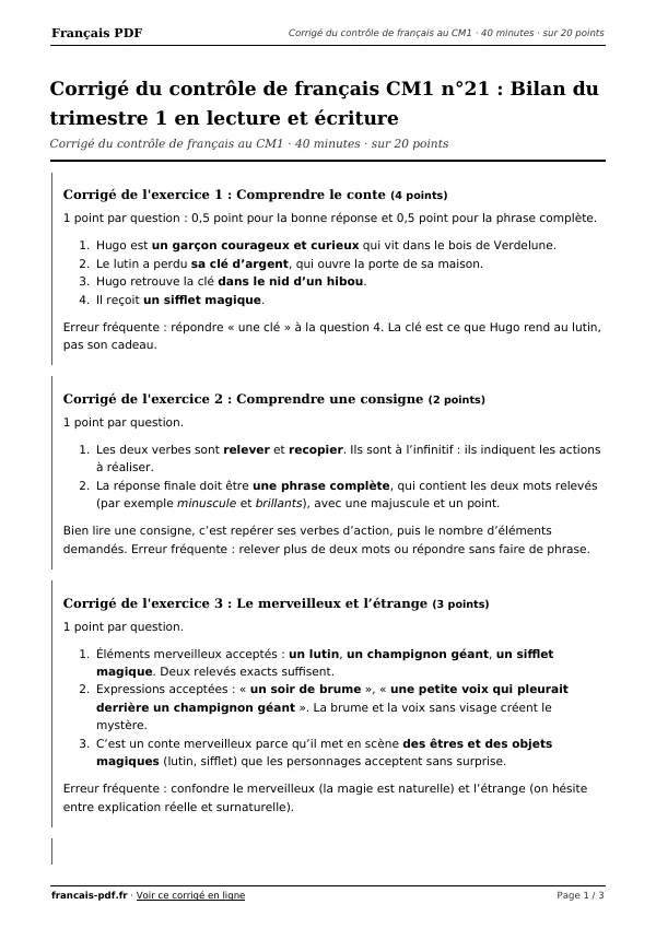 Corrigé du contrôle de français CM1 n°21 en PDF