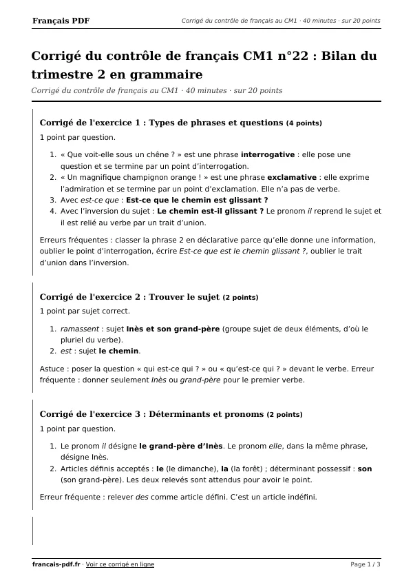 Corrigé du contrôle de français CM1 n°22 en PDF
