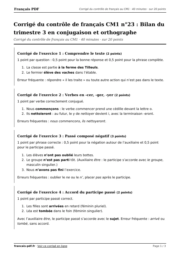 Corrigé du contrôle de français CM1 n°23 en PDF