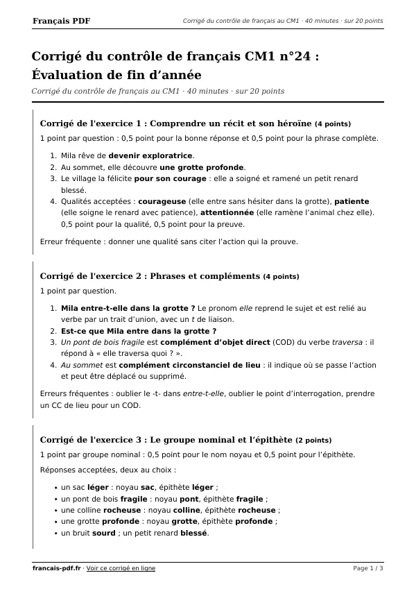 Corrigé du contrôle de français CM1 n°24 en PDF