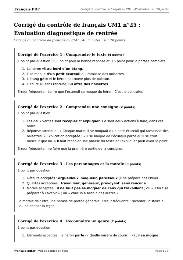 Corrigé du contrôle de français CM1 n°25 en PDF