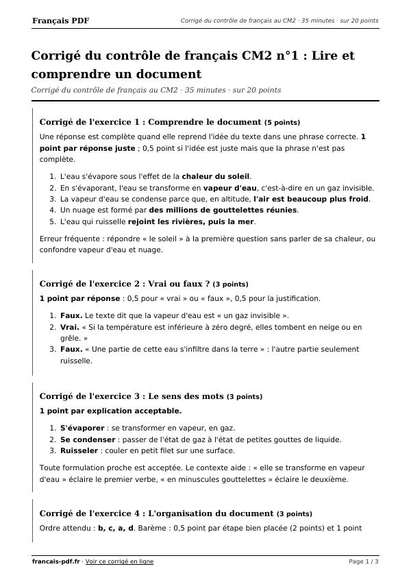 Corrigé du contrôle de français CM2 n°1 en PDF