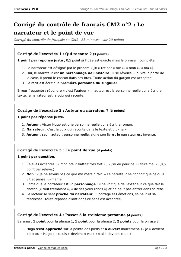 Corrigé du contrôle de français CM2 n°2 en PDF
