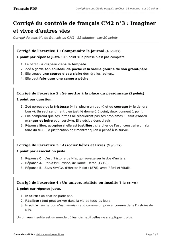 Corrigé du contrôle de français CM2 n°3 en PDF