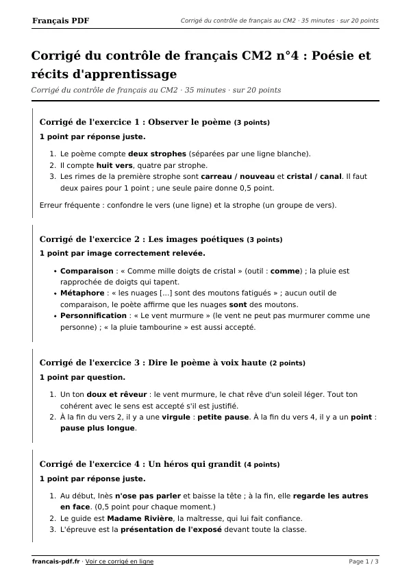 Corrigé du contrôle de français CM2 n°4 en PDF