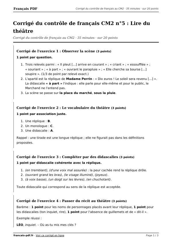 Corrigé du contrôle de français CM2 n°5 en PDF