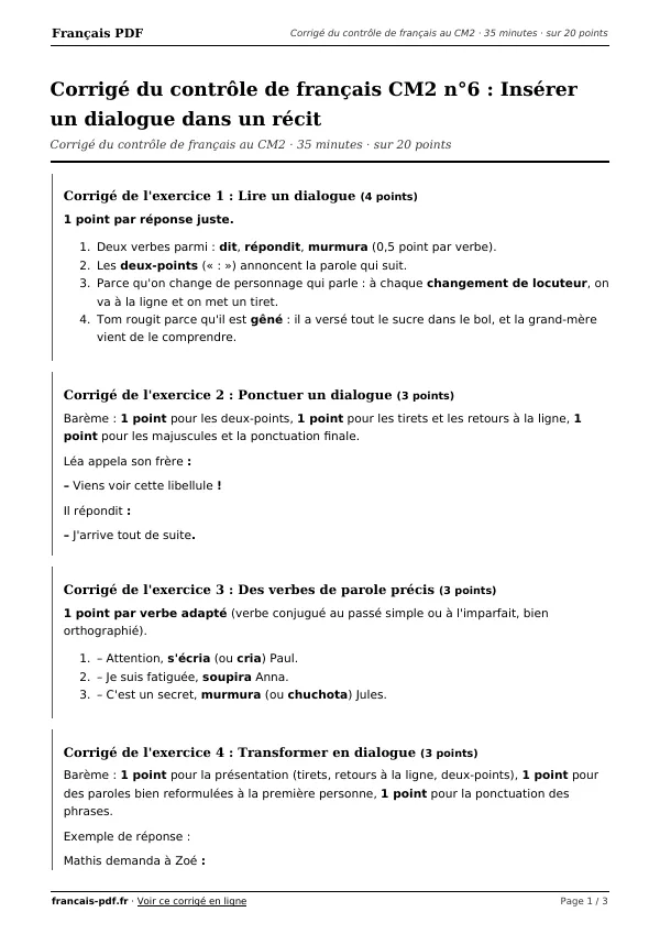Corrigé du contrôle de français CM2 n°6 en PDF