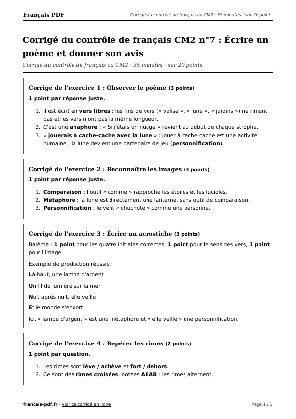 Corrigé du contrôle de français CM2 n°7 en PDF