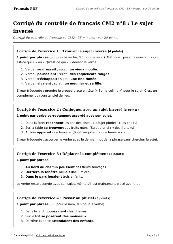 Corrigé du contrôle de français CM2 n°8 en PDF