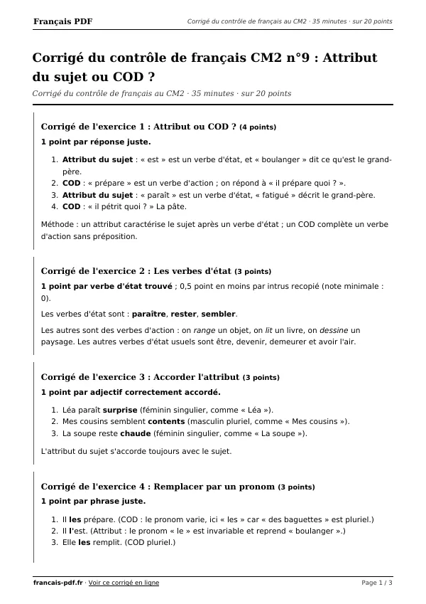 Corrigé du contrôle de français CM2 n°9 en PDF