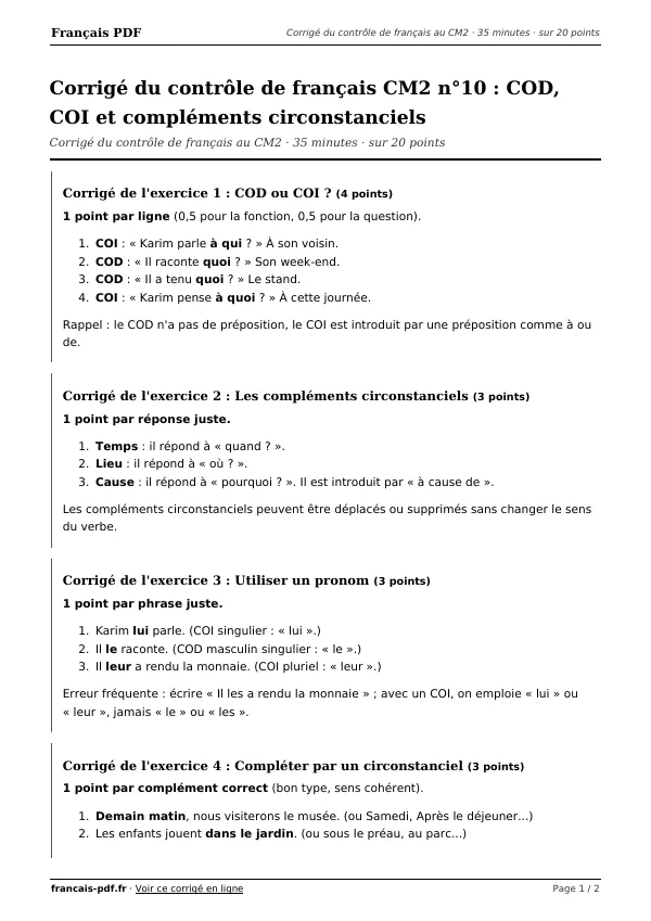 Corrigé du contrôle de français CM2 n°10 en PDF