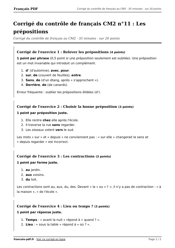 Corrigé du contrôle de français CM2 n°11 en PDF