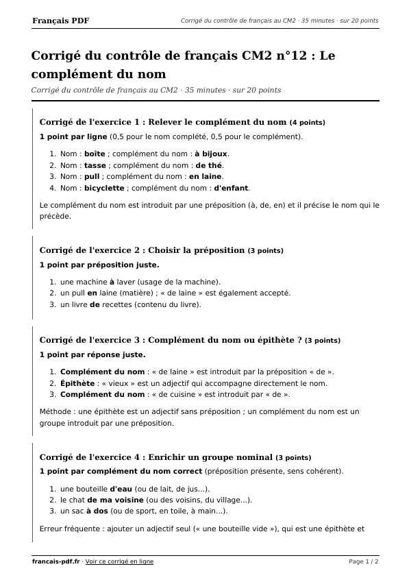 Corrigé du contrôle de français CM2 n°12 en PDF