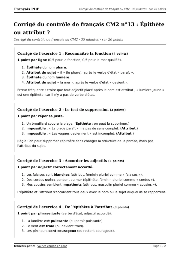 Corrigé du contrôle de français CM2 n°13 en PDF