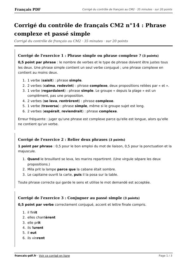 Corrigé du contrôle de français CM2 n°14 en PDF