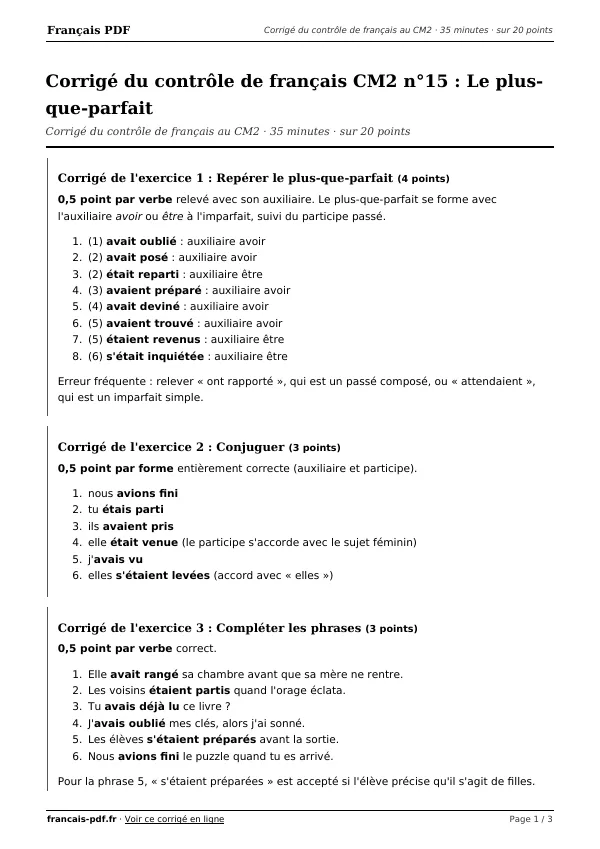 Corrigé du contrôle de français CM2 n°15 en PDF