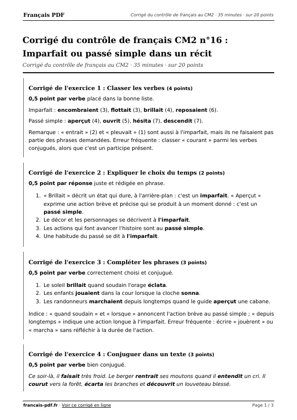 Corrigé du contrôle de français CM2 n°16 en PDF