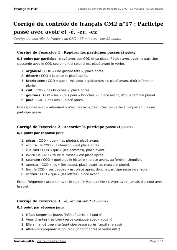 Corrigé du contrôle de français CM2 n°17 en PDF