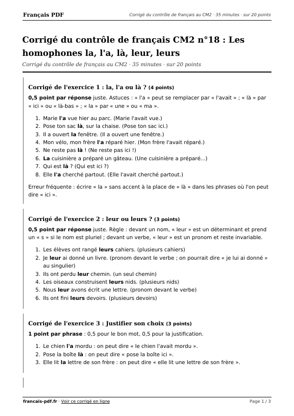 Corrigé du contrôle de français CM2 n°18 en PDF