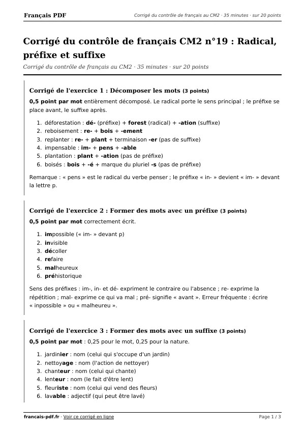 Corrigé du contrôle de français CM2 n°19 en PDF