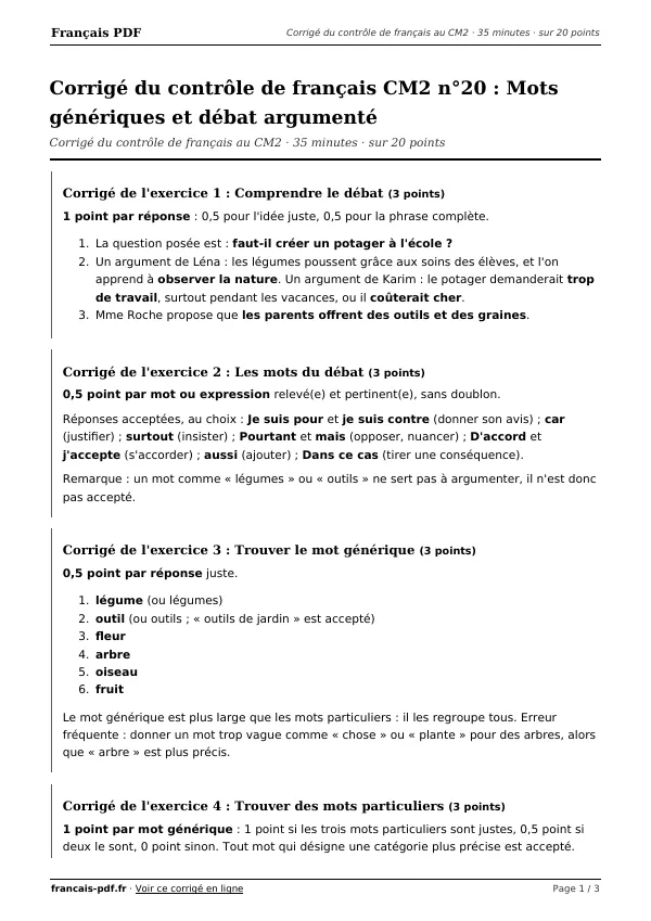 Corrigé du contrôle de français CM2 n°20 en PDF