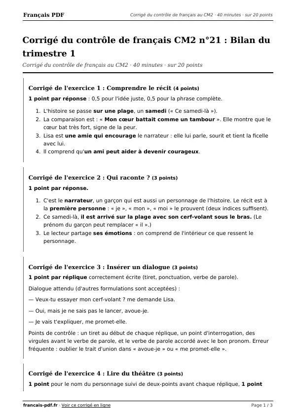 Corrigé du contrôle de français CM2 n°21 en PDF