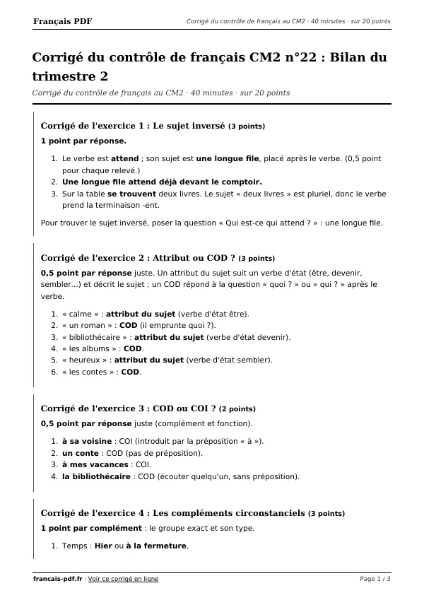 Corrigé du contrôle de français CM2 n°22 en PDF