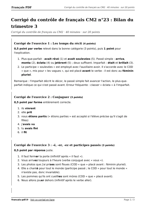 Corrigé du contrôle de français CM2 n°23 en PDF