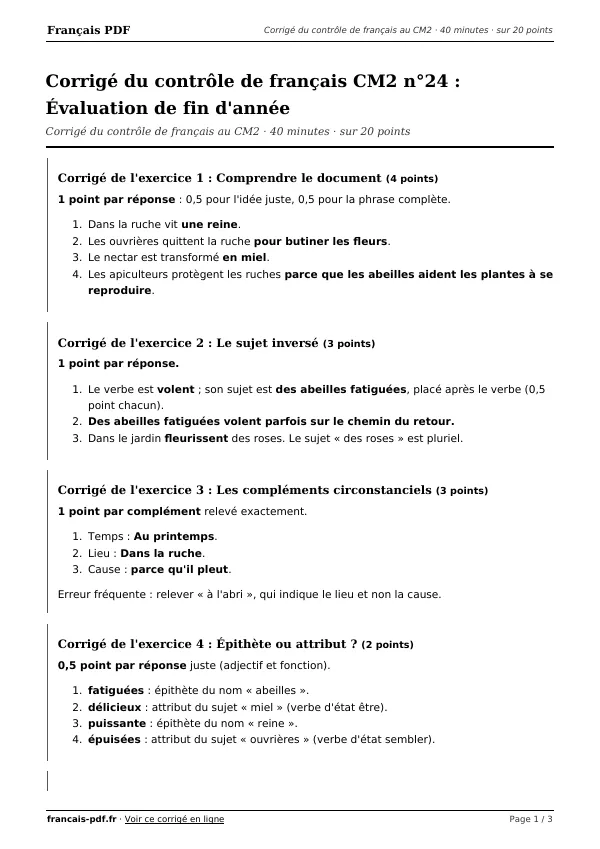Corrigé du contrôle de français CM2 n°24 en PDF