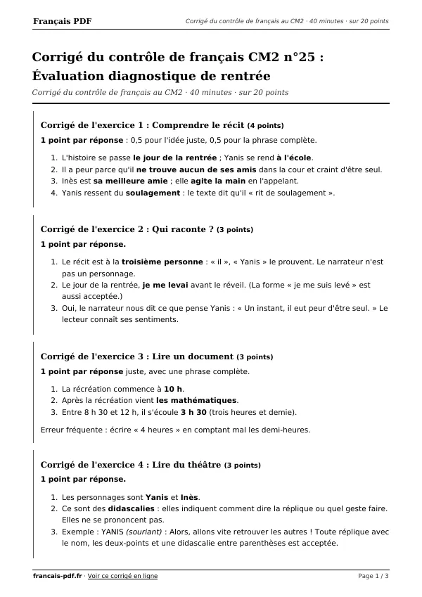 Corrigé du contrôle de français CM2 n°25 en PDF