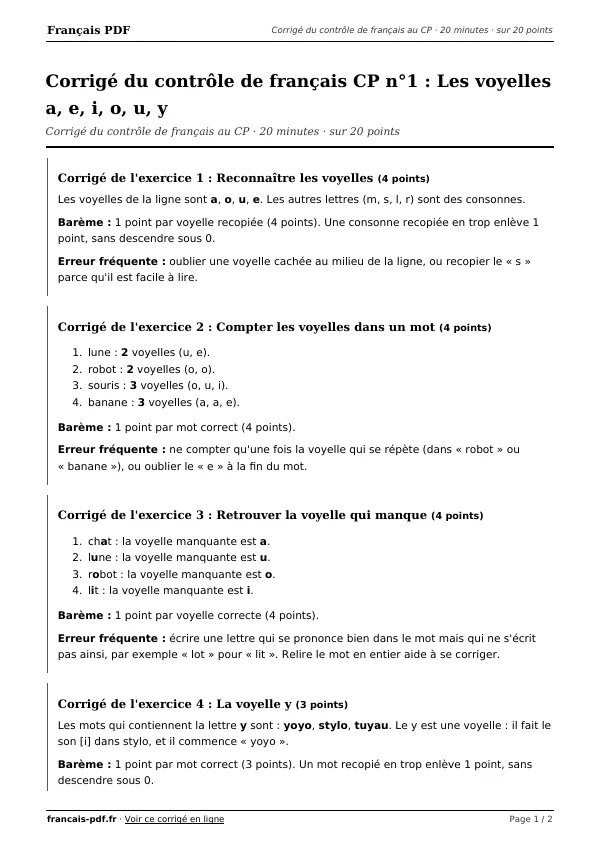 Corrigé du contrôle de français CP n°1 en PDF