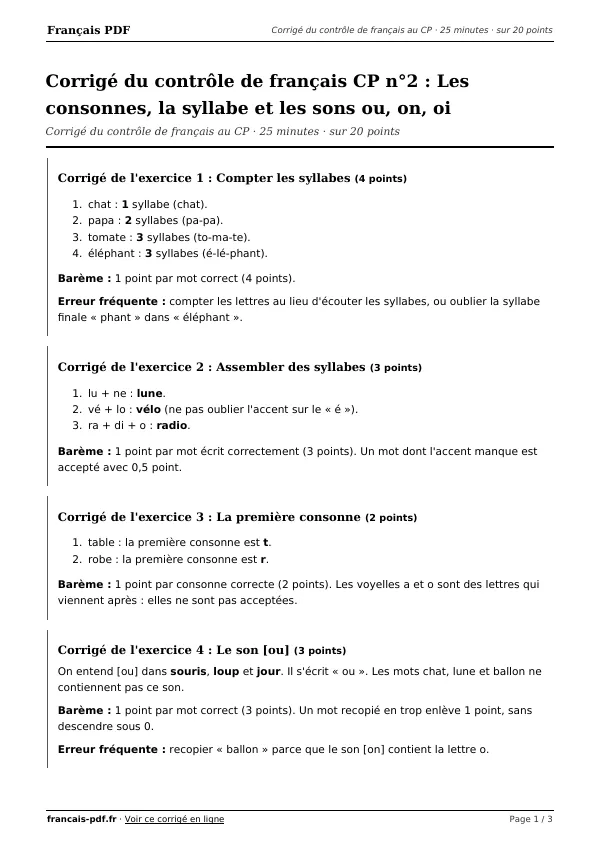 Corrigé du contrôle de français CP n°2 en PDF