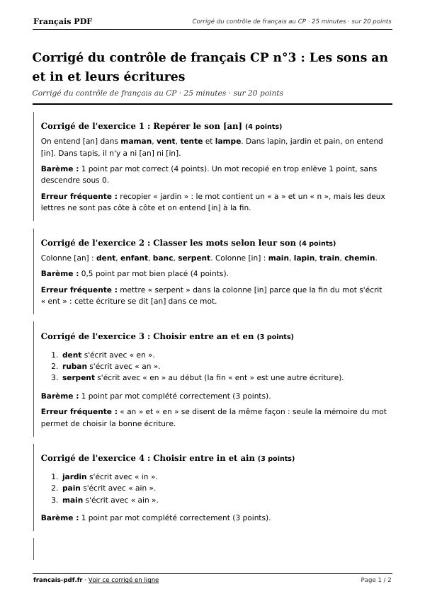 Corrigé du contrôle de français CP n°3 en PDF