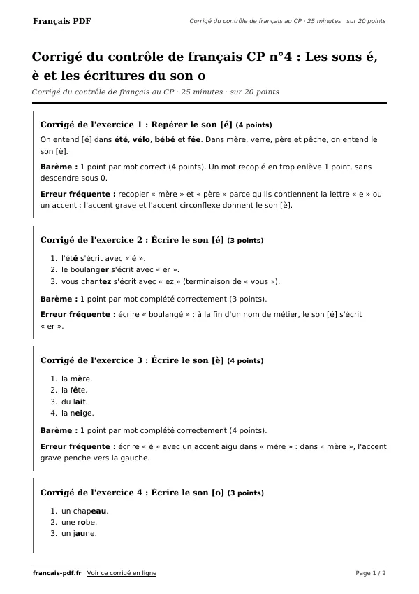 Corrigé du contrôle de français CP n°4 en PDF
