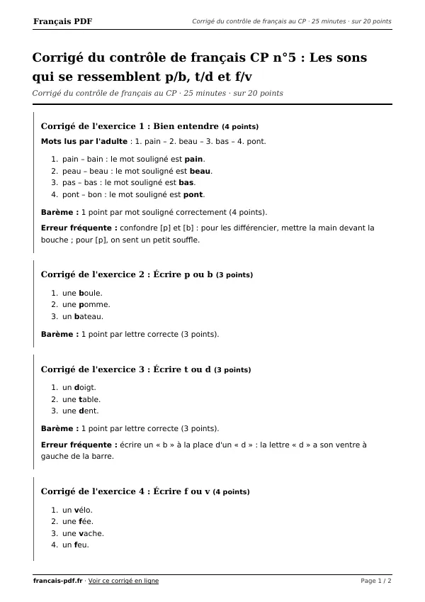 Corrigé du contrôle de français CP n°5 en PDF