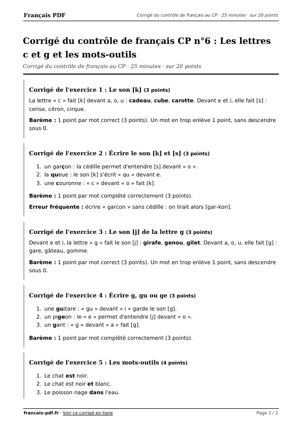 Corrigé du contrôle de français CP n°6 en PDF