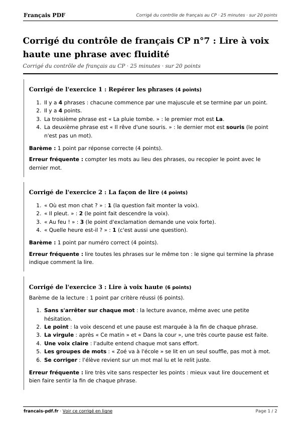 Corrigé du contrôle de français CP n°7 en PDF