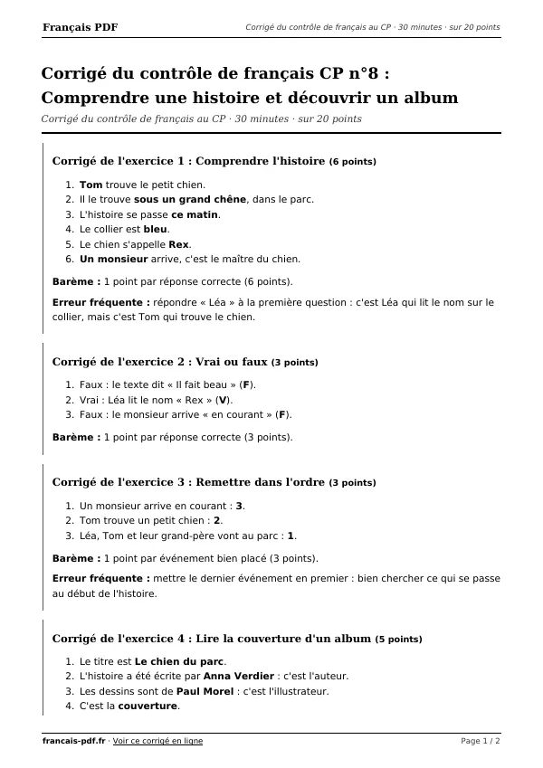 Corrigé du contrôle de français CP n°8 en PDF