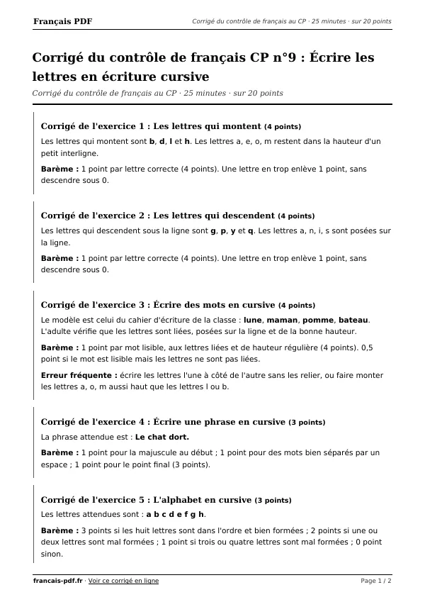 Corrigé du contrôle de français CP n°9 en PDF