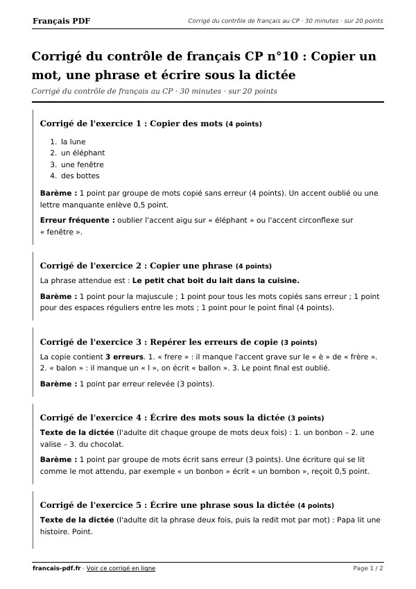 Corrigé du contrôle de français CP n°10 en PDF