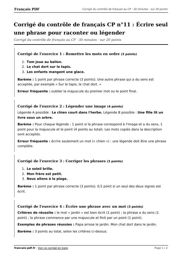 Corrigé du contrôle de français CP n°11 en PDF