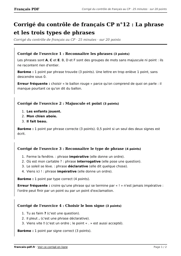 Corrigé du contrôle de français CP n°12 en PDF