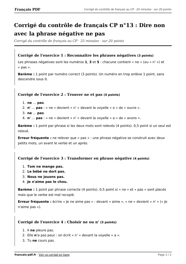 Corrigé du contrôle de français CP n°13 en PDF
