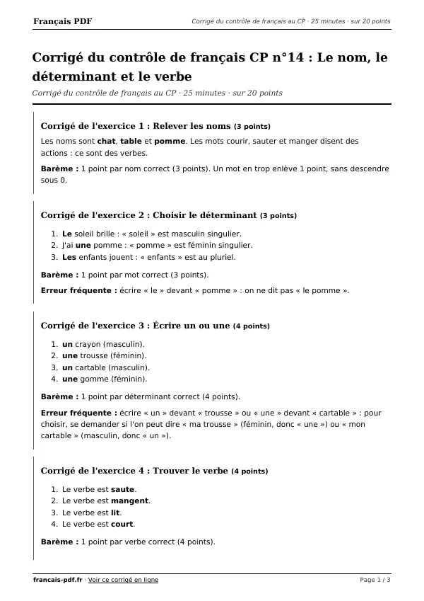 Corrigé du contrôle de français CP n°14 en PDF