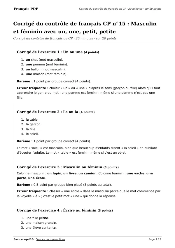 Corrigé du contrôle de français CP n°15 en PDF