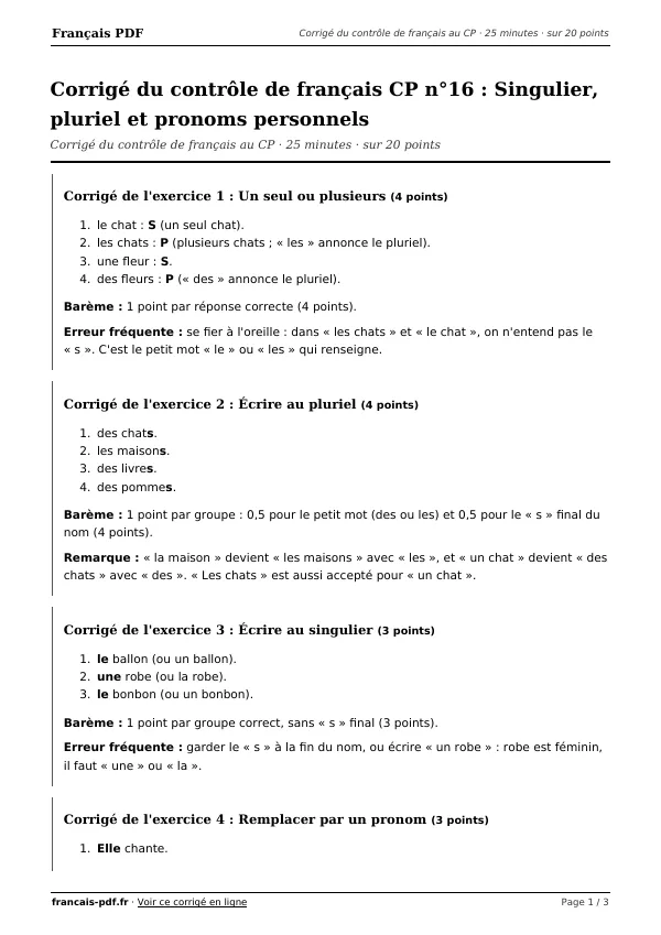 Corrigé du contrôle de français CP n°16 en PDF