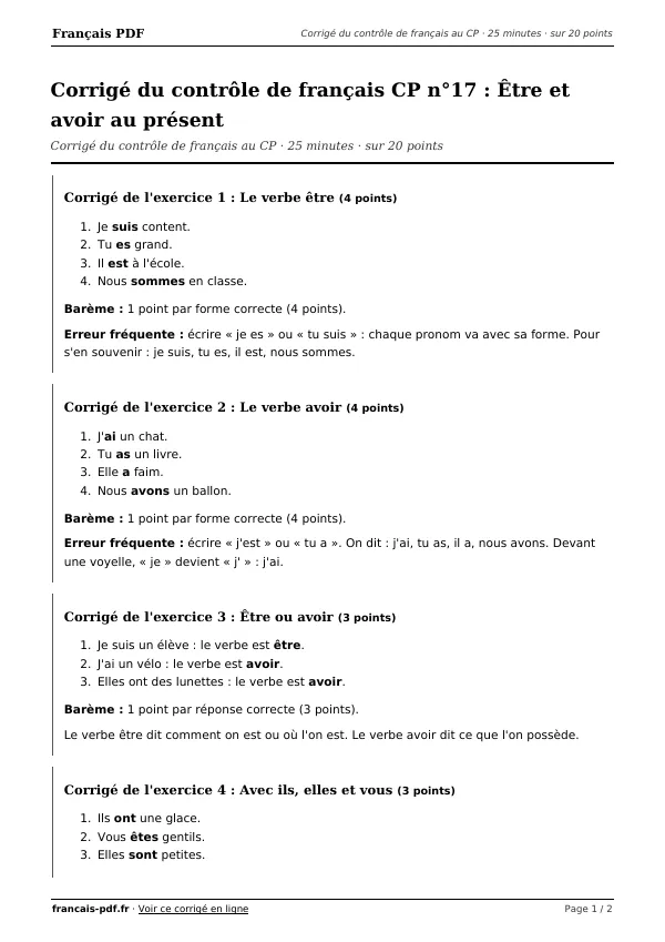Corrigé du contrôle de français CP n°17 en PDF